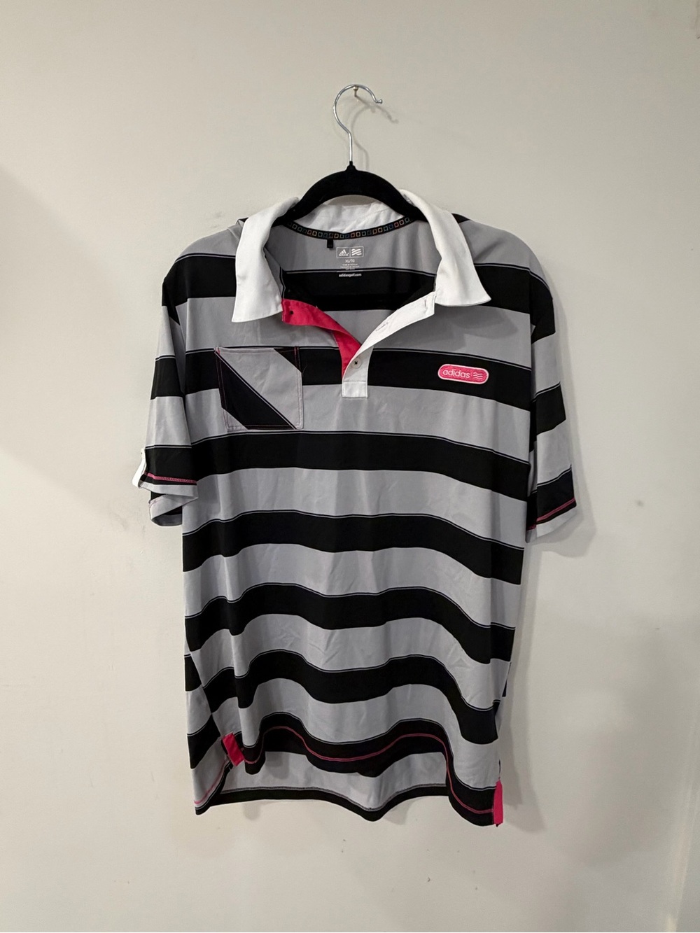 Adidas Limited Men’s Grey & Black Stripe Polo with Pink Accent